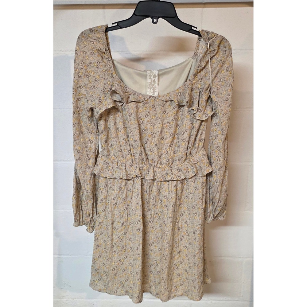 Sadie & Sage Floral Ruffle Long Sleeve Mini Fall Dress Tan Yellow Size Medium